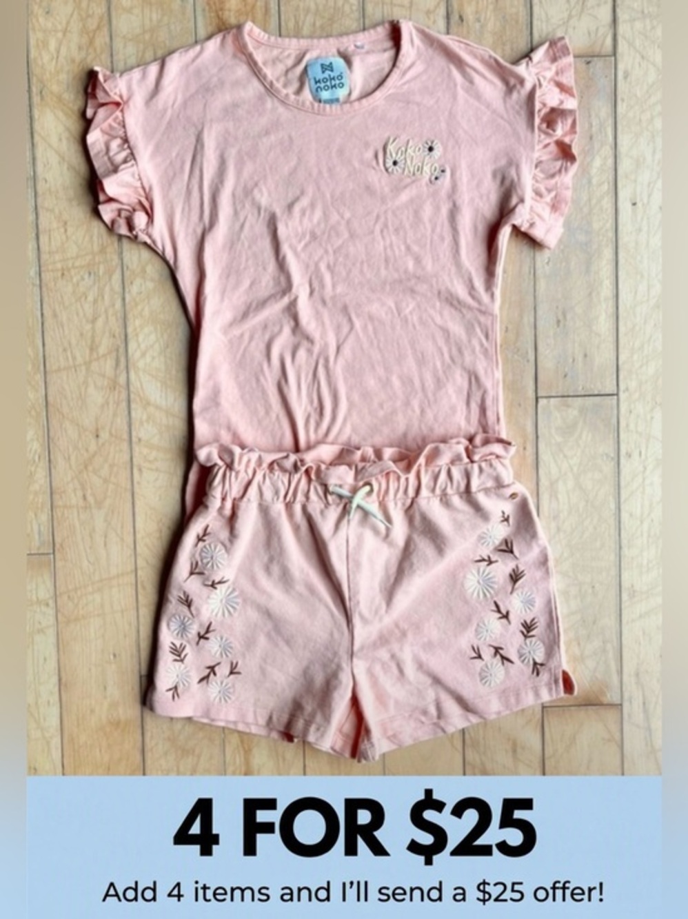 Koko Noko Floral Orange/Coral Ruffle Sleeve Tee Embroidered Shorts Set Size 10Y
